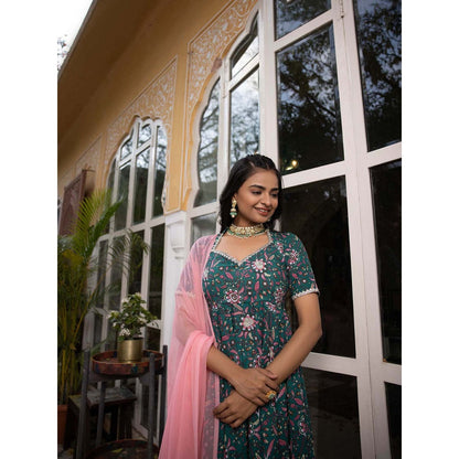 DEASHA INDIA Gulmina Dark Green Floral Printed Anarkali with Pant and Dupatta (Set of 3)