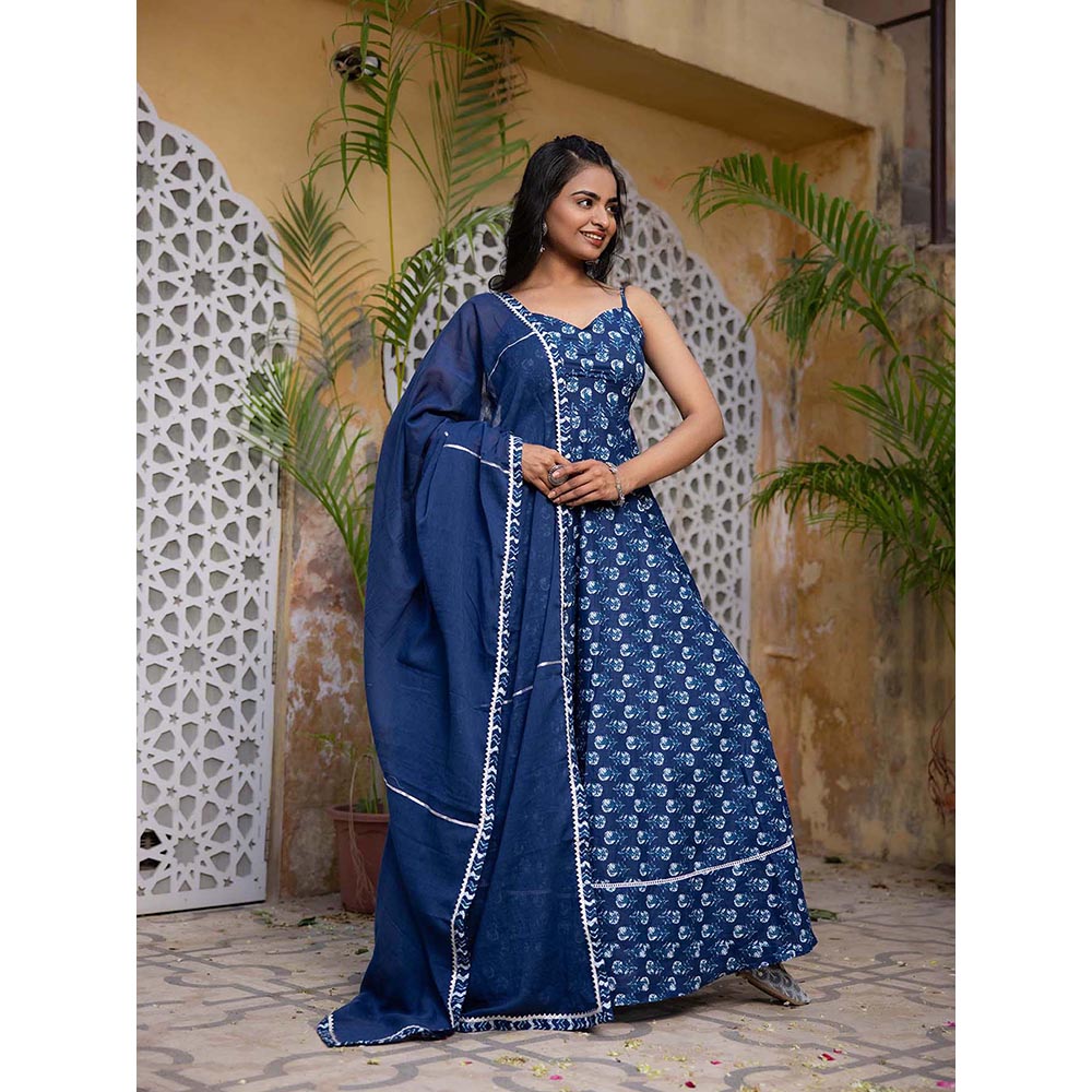 DEASHA INDIA Arna Blue Cotton Anarkali with Pant and Dupatta (Set of 3)