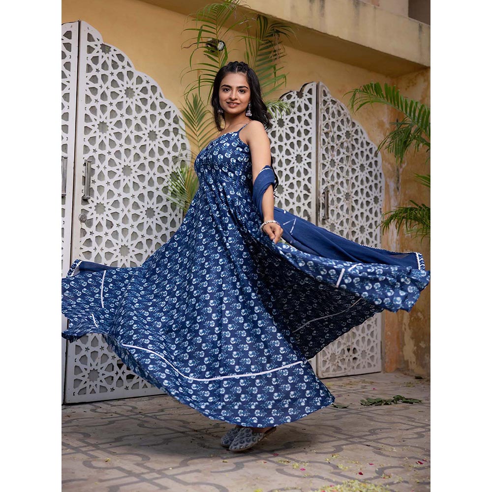 DEASHA INDIA Arna Blue Cotton Anarkali with Pant and Dupatta (Set of 3)