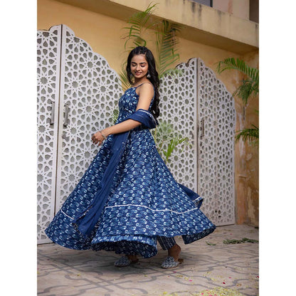 DEASHA INDIA Arna Blue Cotton Anarkali with Pant and Dupatta (Set of 3)