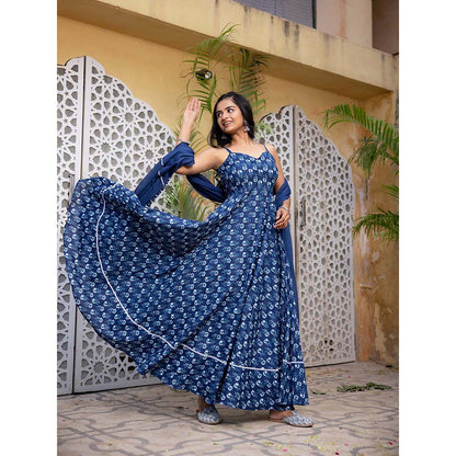 DEASHA INDIA Arna Blue Cotton Anarkali with Pant and Dupatta (Set of 3)