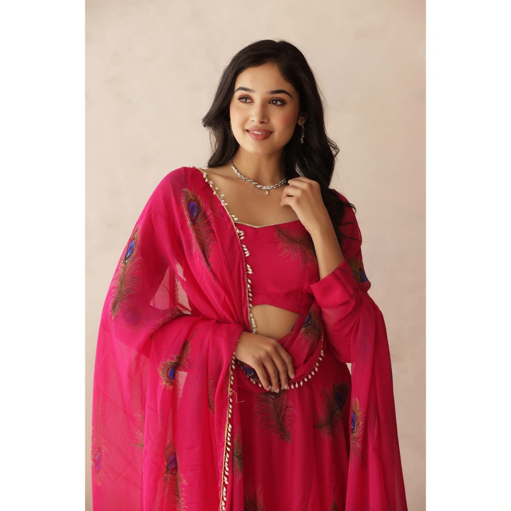 DEASHA INDIA Parina Pink Peacock Feather Lehenga with Blouse and Dupatta (Set of 3)