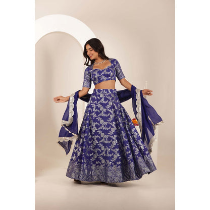 DEASHA INDIA Simar Blue Brocade Lehenga with Blouse and Dupatta (Set of 3)