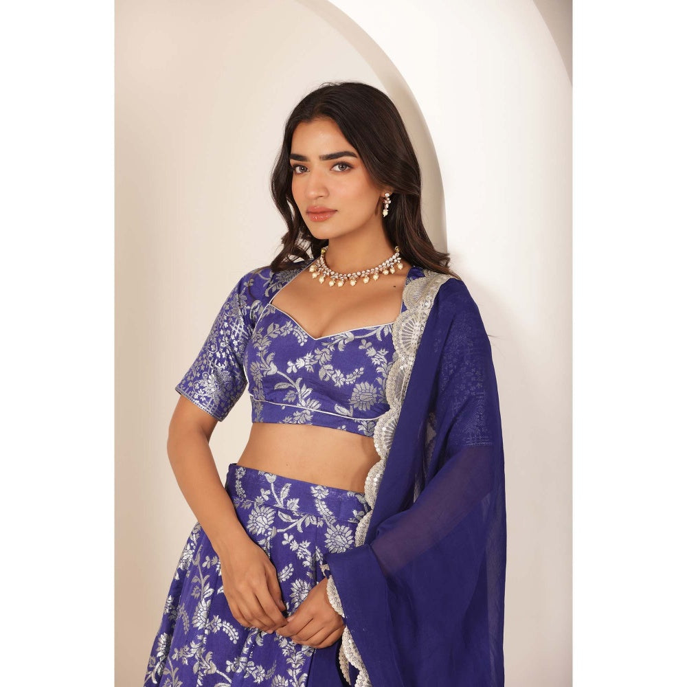 DEASHA INDIA Simar Blue Brocade Lehenga with Blouse and Dupatta (Set of 3)