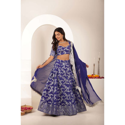 DEASHA INDIA Simar Blue Brocade Lehenga with Blouse and Dupatta (Set of 3)
