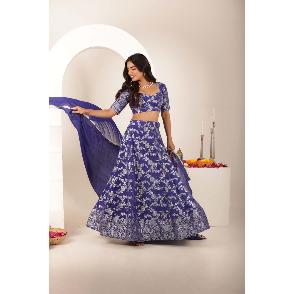 DEASHA INDIA Simar Blue Brocade Lehenga with Blouse and Dupatta (Set of 3)