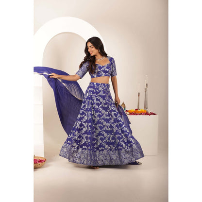 DEASHA INDIA Simar Blue Brocade Lehenga with Blouse and Dupatta (Set of 3)