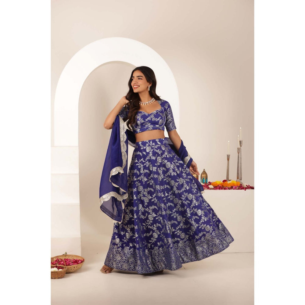 DEASHA INDIA Simar Blue Brocade Lehenga with Blouse and Dupatta (Set of 3)