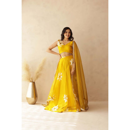 DEASHA INDIA Hiral Yellow Hand Painted Lehenga with Blouse and Dupatta (Set of 3)