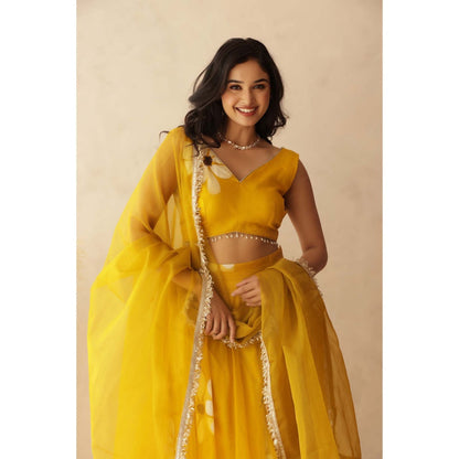 DEASHA INDIA Hiral Yellow Hand Painted Lehenga with Blouse and Dupatta (Set of 3)