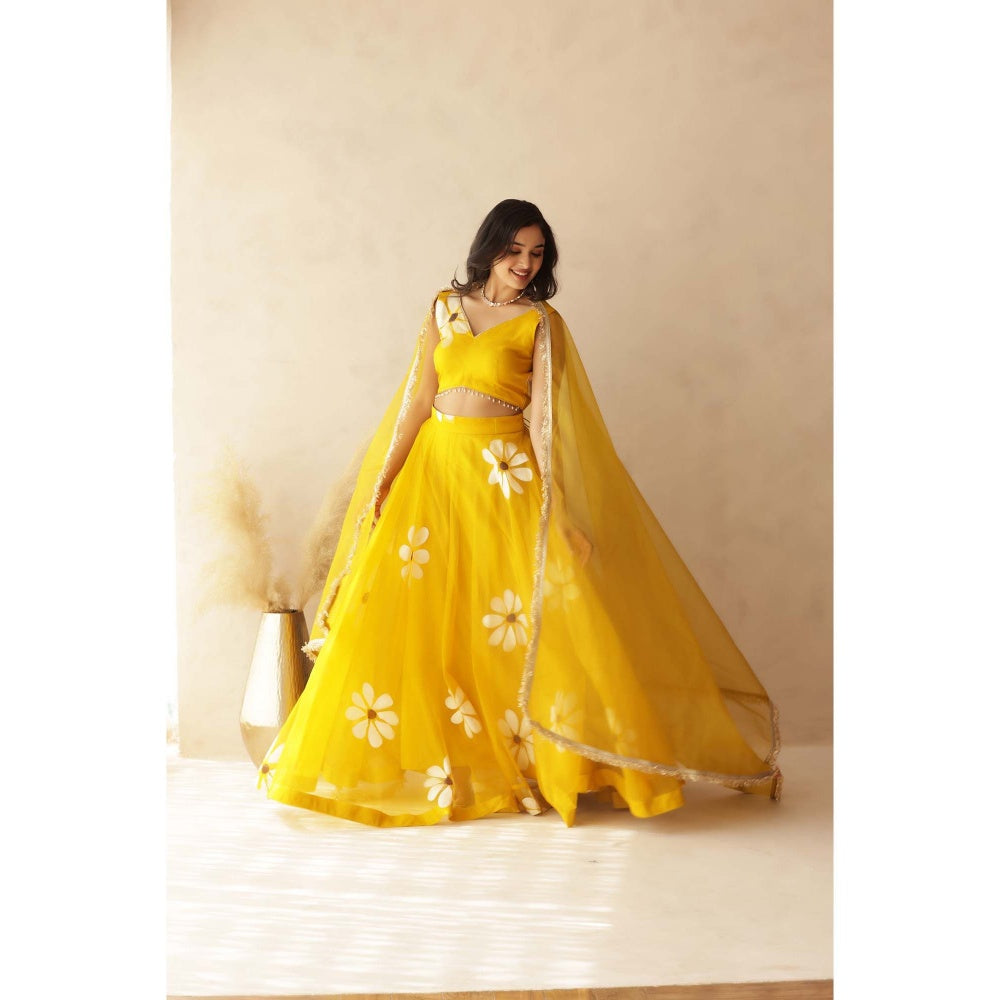 DEASHA INDIA Hiral Yellow Hand Painted Lehenga with Blouse and Dupatta (Set of 3)