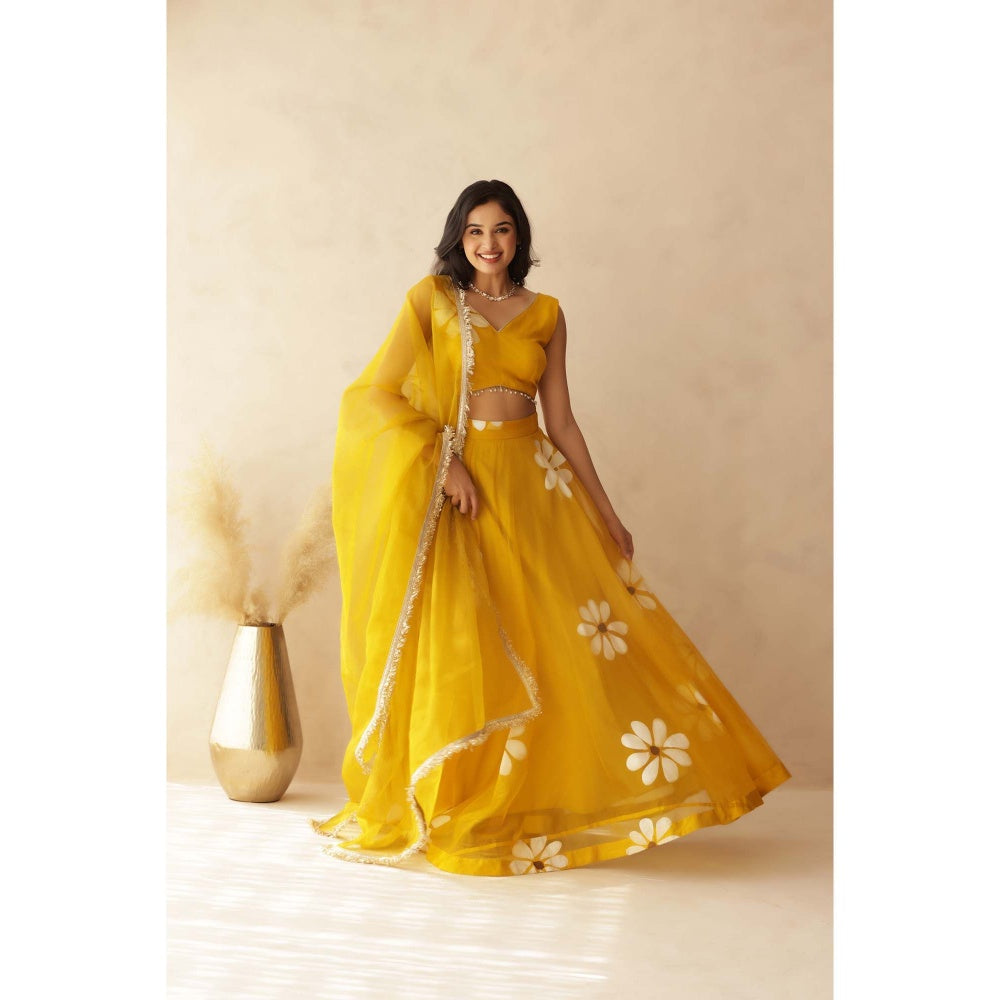 DEASHA INDIA Hiral Yellow Hand Painted Lehenga with Blouse and Dupatta (Set of 3)