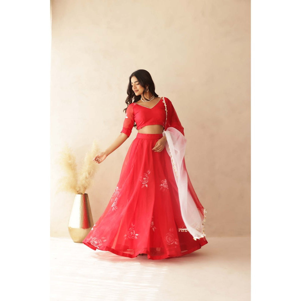 DEASHA INDIA Zohra Red Hand Painted Lehenga with Blouse and Dupatta (Set of 3)