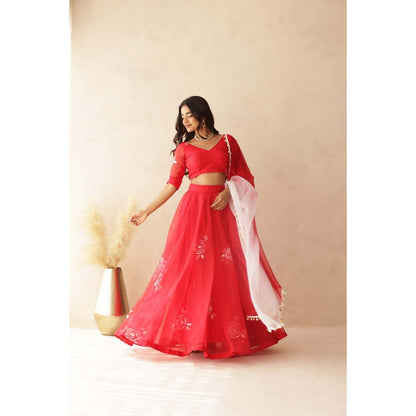 DEASHA INDIA Zohra Red Hand Painted Lehenga with Blouse and Dupatta (Set of 3)