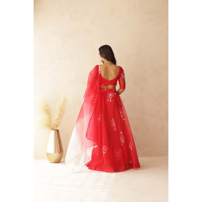 DEASHA INDIA Zohra Red Hand Painted Lehenga with Blouse and Dupatta (Set of 3)