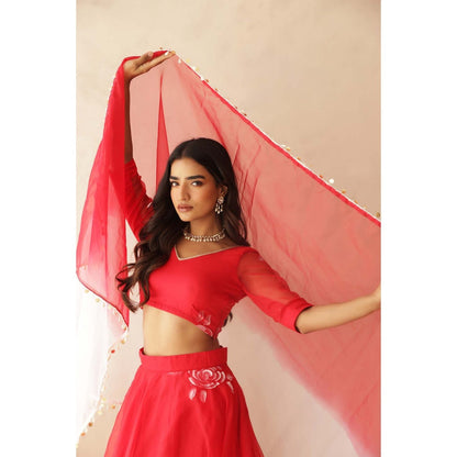 DEASHA INDIA Zohra Red Hand Painted Lehenga with Blouse and Dupatta (Set of 3)