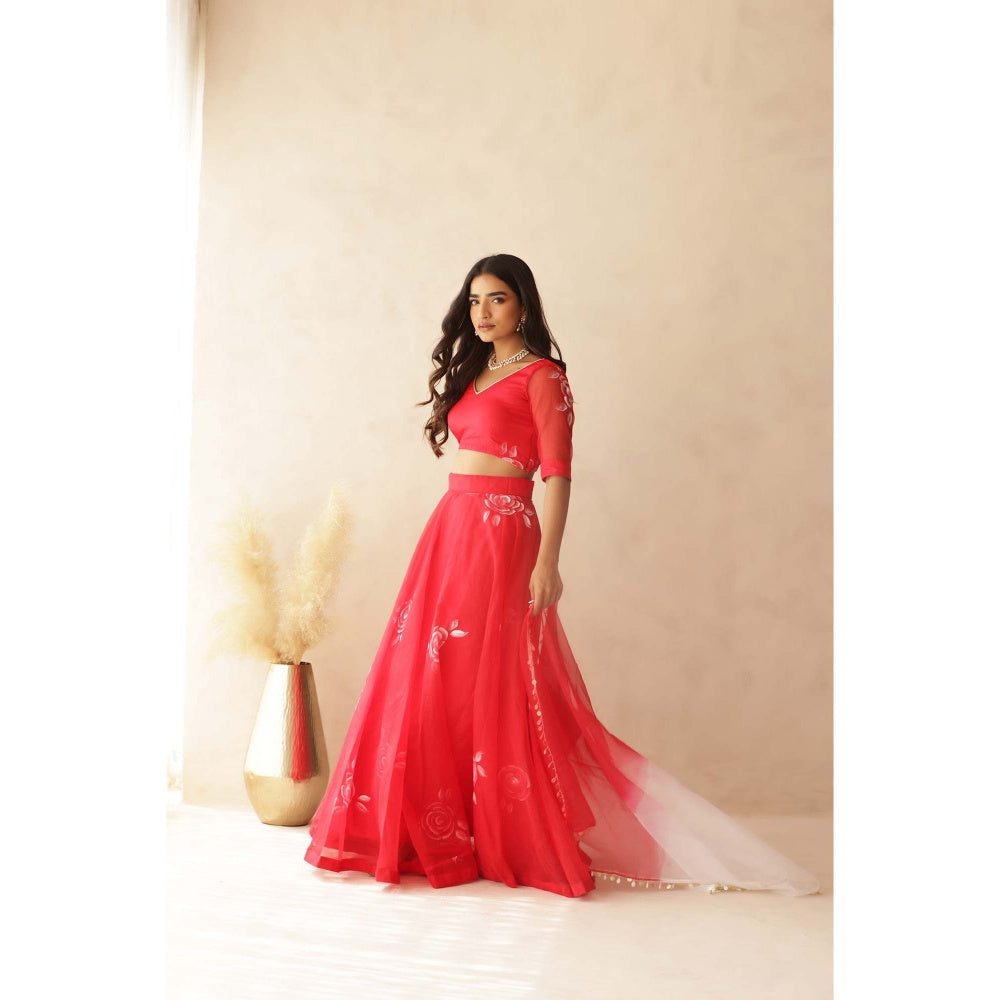 DEASHA INDIA Zohra Red Hand Painted Lehenga with Blouse and Dupatta (Set of 3)