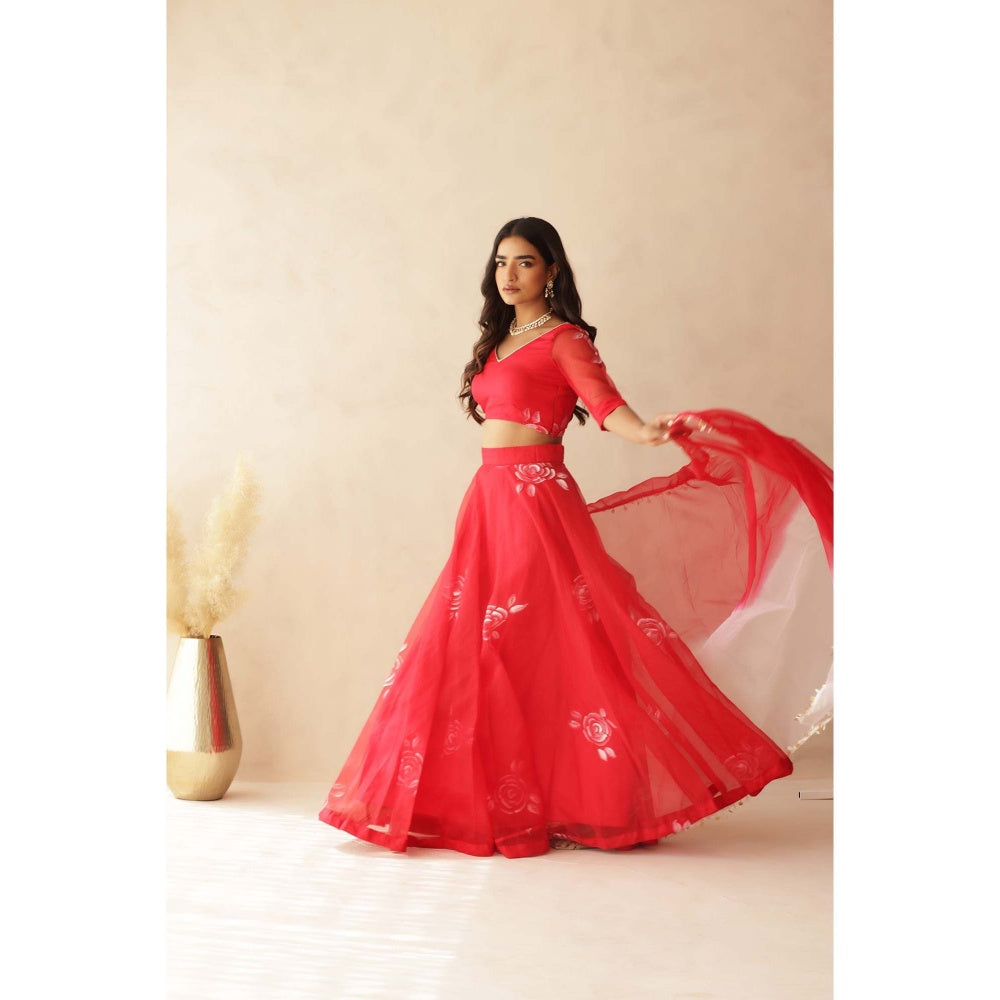 DEASHA INDIA Zohra Red Hand Painted Lehenga with Blouse and Dupatta (Set of 3)