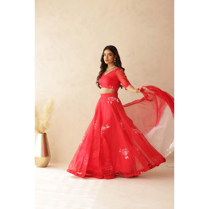 DEASHA INDIA Zohra Red Hand Painted Lehenga with Blouse and Dupatta (Set of 3)