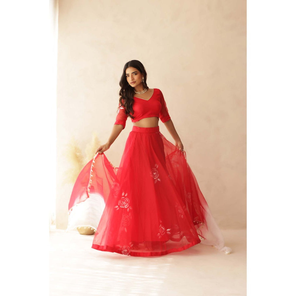 DEASHA INDIA Zohra Red Hand Painted Lehenga with Blouse and Dupatta (Set of 3)