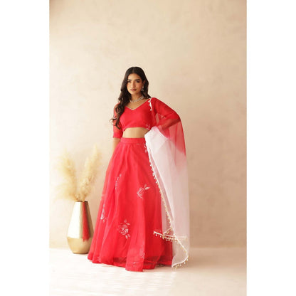 DEASHA INDIA Zohra Red Hand Painted Lehenga with Blouse and Dupatta (Set of 3)