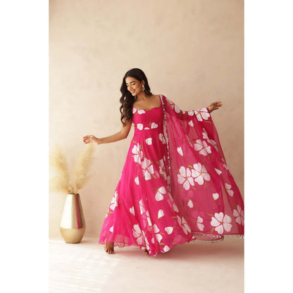 DEASHA INDIA Nahar Pink Hand Painted Anarkali with Pant and Dupatta (Set of 3)