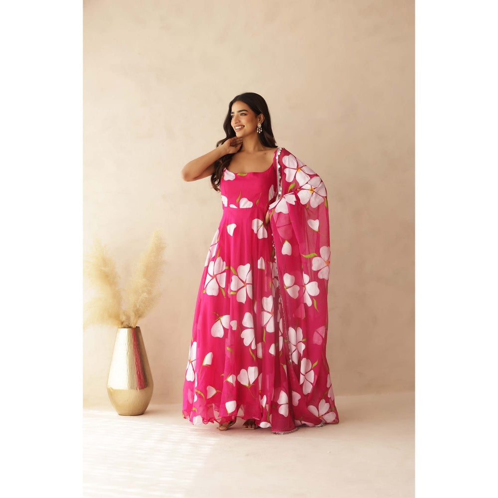 DEASHA INDIA Nahar Pink Hand Painted Anarkali with Pant and Dupatta (Set of 3)