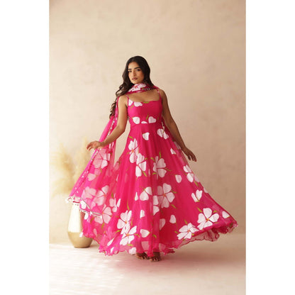 DEASHA INDIA Nahar Pink Hand Painted Anarkali with Pant and Dupatta (Set of 3)
