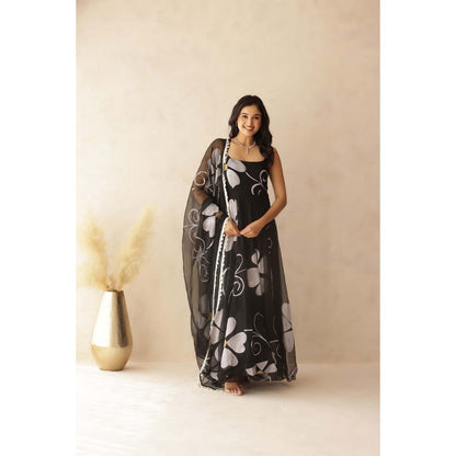DEASHA INDIA Mahika Black Hand Painted Anarkali with Pant and Dupatta (Set of 3)