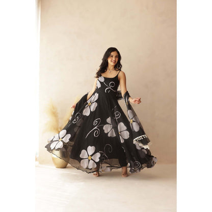 DEASHA INDIA Mahika Black Hand Painted Anarkali with Pant and Dupatta (Set of 3)