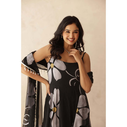 DEASHA INDIA Mahika Black Hand Painted Anarkali with Pant and Dupatta (Set of 3)