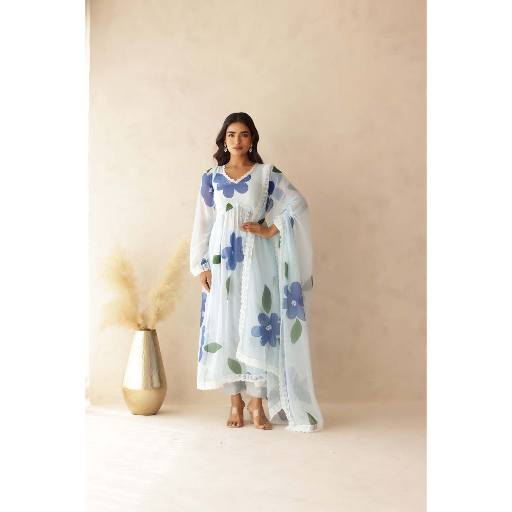 DEASHA INDIA Tahira Blue Hand Painted Anarkali with Pant and Dupatta (Set of 3)