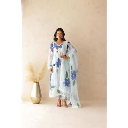 DEASHA INDIA Tahira Blue Hand Painted Anarkali with Pant and Dupatta (Set of 3)