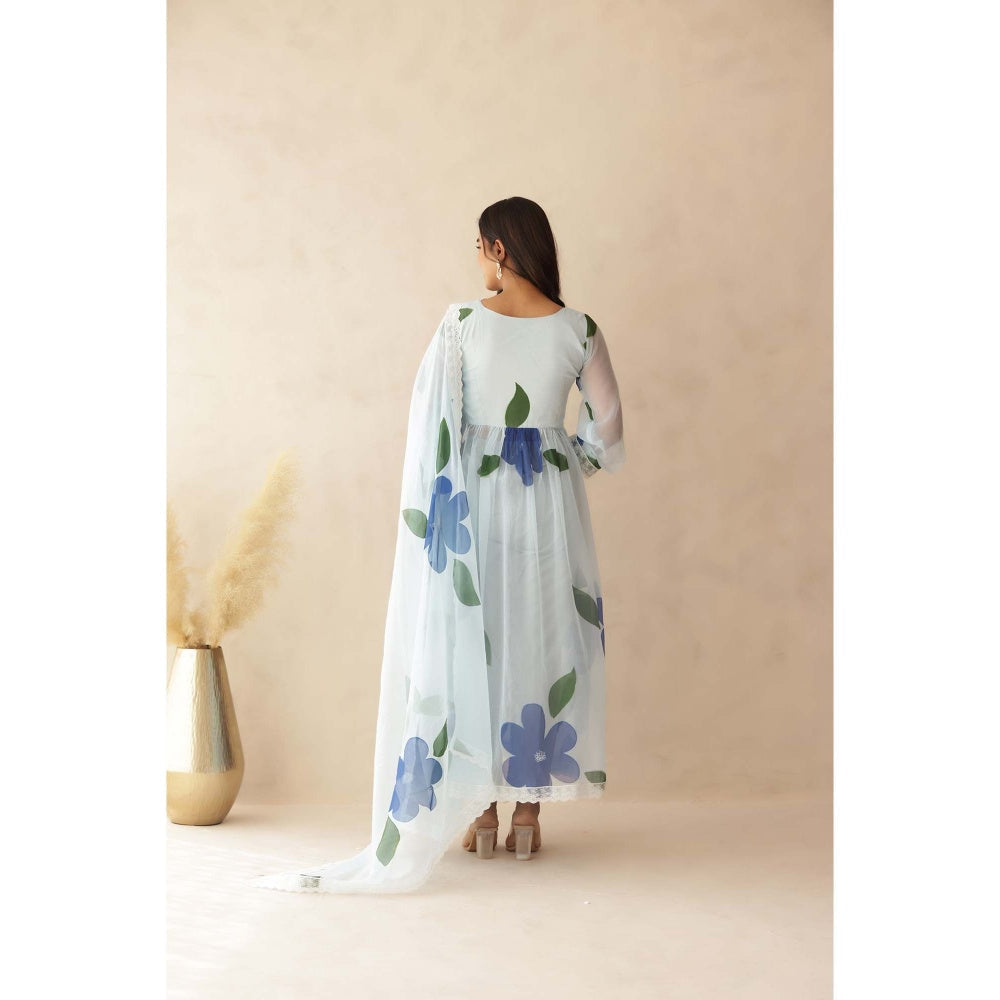 DEASHA INDIA Tahira Blue Hand Painted Anarkali with Pant and Dupatta (Set of 3)