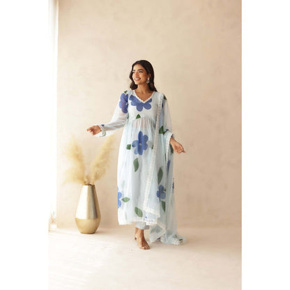 DEASHA INDIA Tahira Blue Hand Painted Anarkali with Pant and Dupatta (Set of 3)