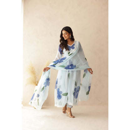 DEASHA INDIA Tahira Blue Hand Painted Anarkali with Pant and Dupatta (Set of 3)