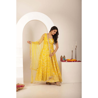DEASHA INDIA Akshara Yellow Brocade Anarkali with Pant and Dupatta (Set of 3)