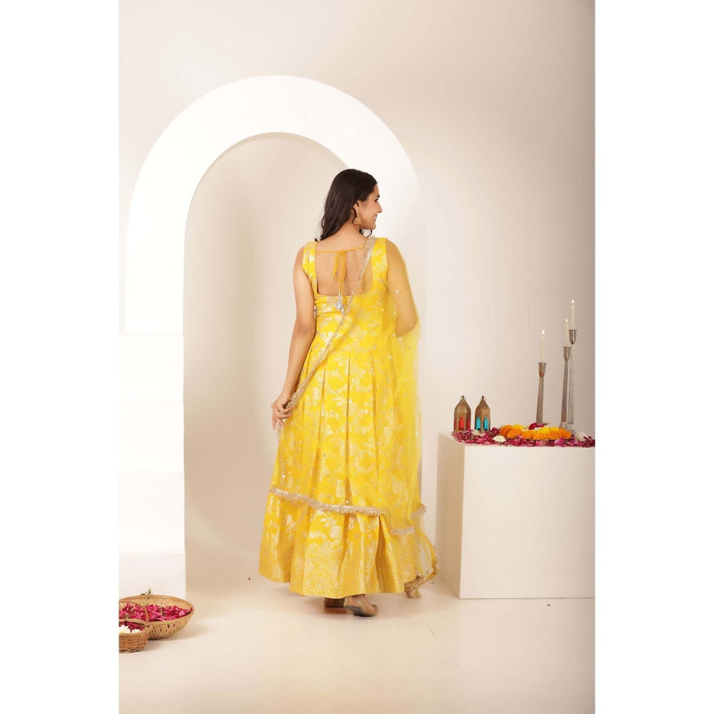 DEASHA INDIA Akshara Yellow Brocade Anarkali with Pant and Dupatta (Set of 3)