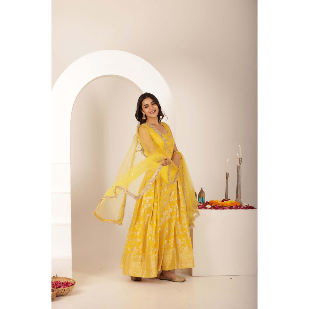 DEASHA INDIA Akshara Yellow Brocade Anarkali with Pant and Dupatta (Set of 3)