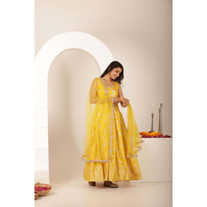 DEASHA INDIA Akshara Yellow Brocade Anarkali with Pant and Dupatta (Set of 3)