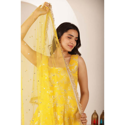 DEASHA INDIA Akshara Yellow Brocade Anarkali with Pant and Dupatta (Set of 3)