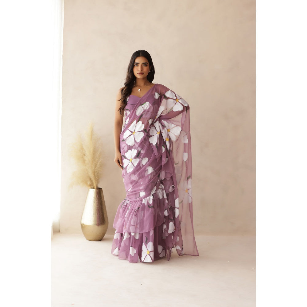 DEASHA INDIA Kashni Mauve Ruffle Hand Painted Pre-Draped Saree with Stitched Blouse
