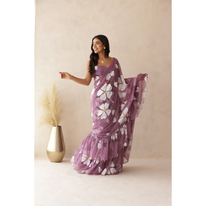 DEASHA INDIA Kashni Mauve Ruffle Hand Painted Pre-Draped Saree with Stitched Blouse
