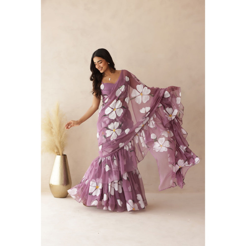 DEASHA INDIA Kashni Mauve Ruffle Hand Painted Pre-Draped Saree with Stitched Blouse