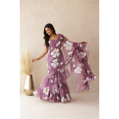 DEASHA INDIA Kashni Mauve Ruffle Hand Painted Pre-Draped Saree with Stitched Blouse