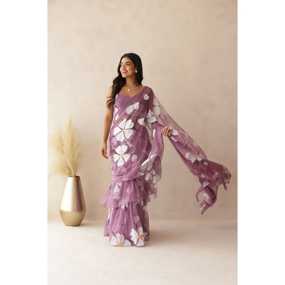 DEASHA INDIA Kashni Mauve Ruffle Hand Painted Pre-Draped Saree with Stitched Blouse