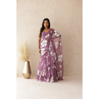 DEASHA INDIA Kashni Mauve Ruffle Hand Painted Pre-Draped Saree with Stitched Blouse