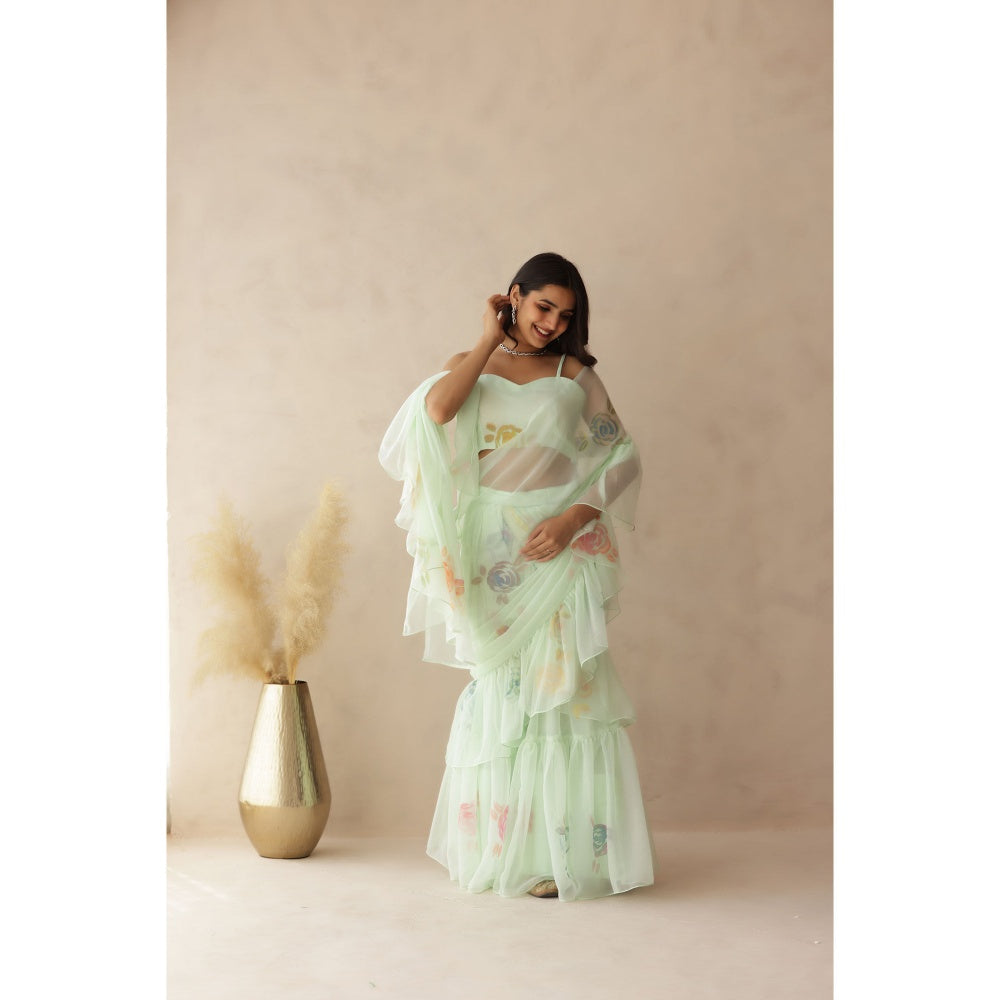 DEASHA INDIA Jiya Green Hand Painted Pre-Draped Saree with Stitched Blouse