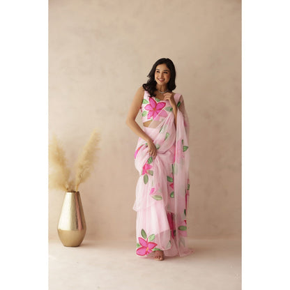 DEASHA INDIA Yuvika Pink Hand Painted Pre-Draped Saree with Stitched Blouse