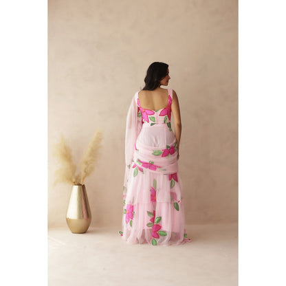 DEASHA INDIA Yuvika Pink Hand Painted Pre-Draped Saree with Stitched Blouse